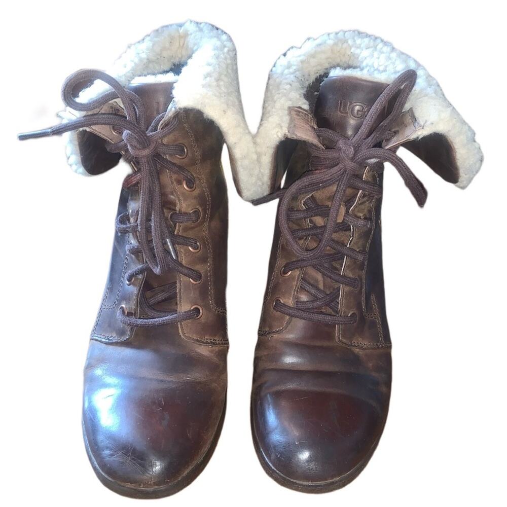 UGG Women's Zea Leather Uptown Wedge Waterproof Boots Size 7